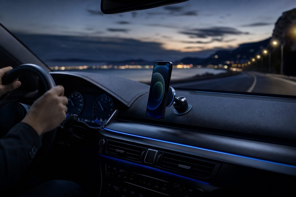 A phone docked on a DriveDock mount in a modern car interior at dusk